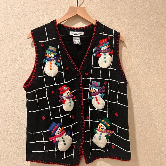 Christmas Knit Sweater Vest Embroidered Snowmen Victoria Jones Size L Vintage - Picture 1 of 7
